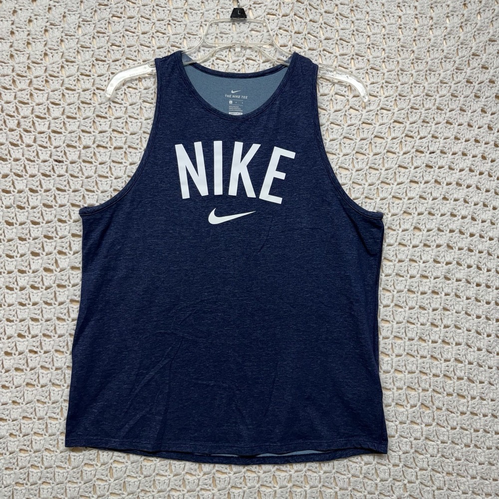 Nike Tee Tank Top Shirt Mens L Navy Blue Swoosh Dri-FIT Activewear Athletic Cut